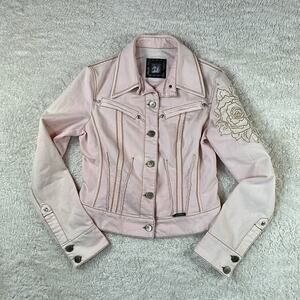 Vintage Cappopera Jeans pink denim gold embroidered jean jacket, 42 or Small